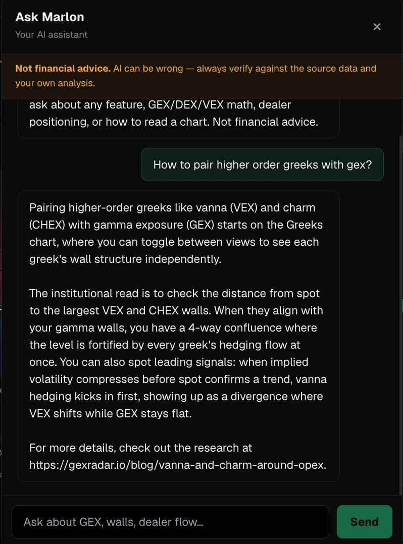 AI assistant answering how to pair higher-order greeks like vanna and charm with GEX