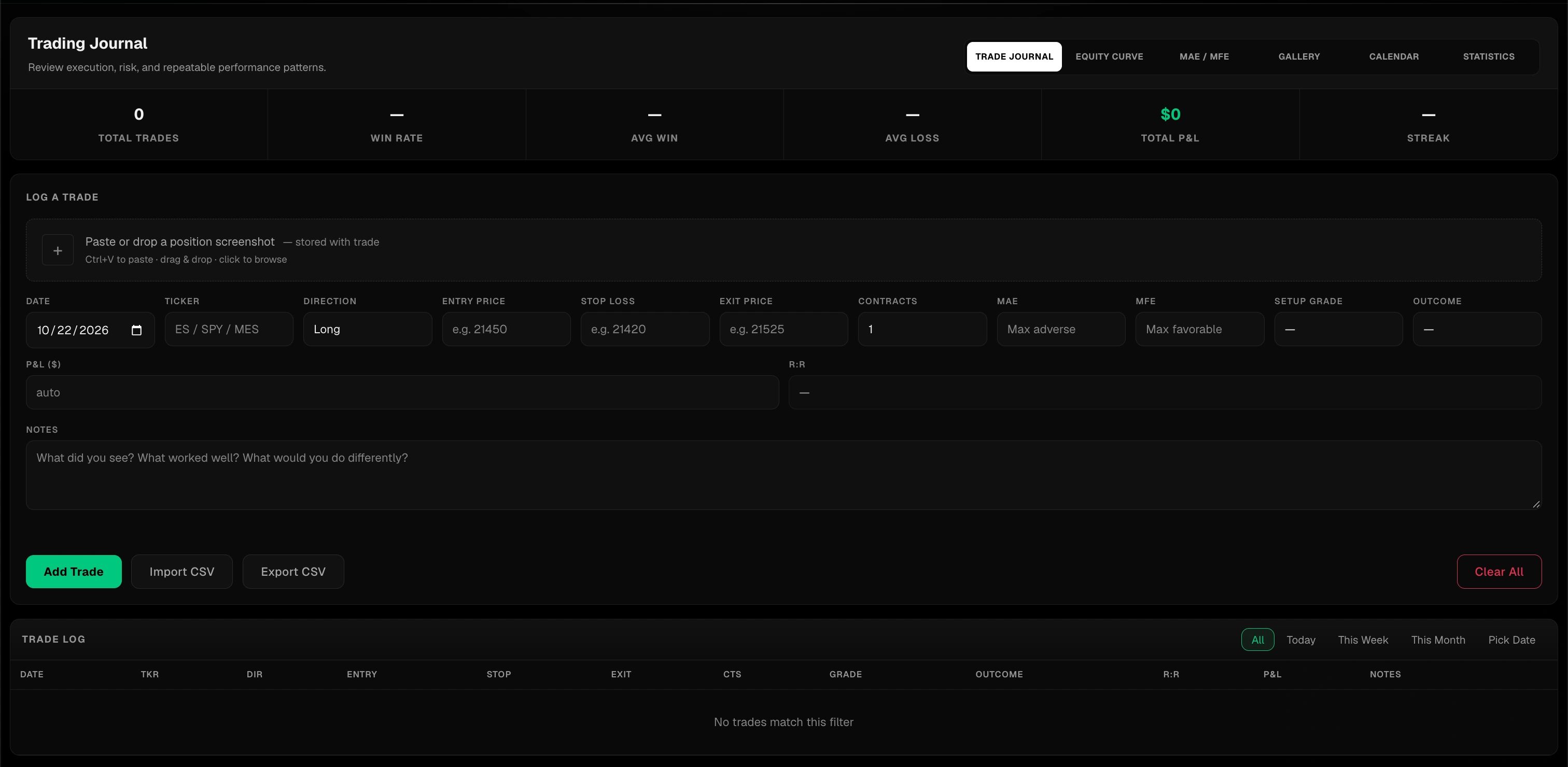 Trading journal with trade stats, a log-a-trade form with MAE, MFE and setup grade, and the trade log