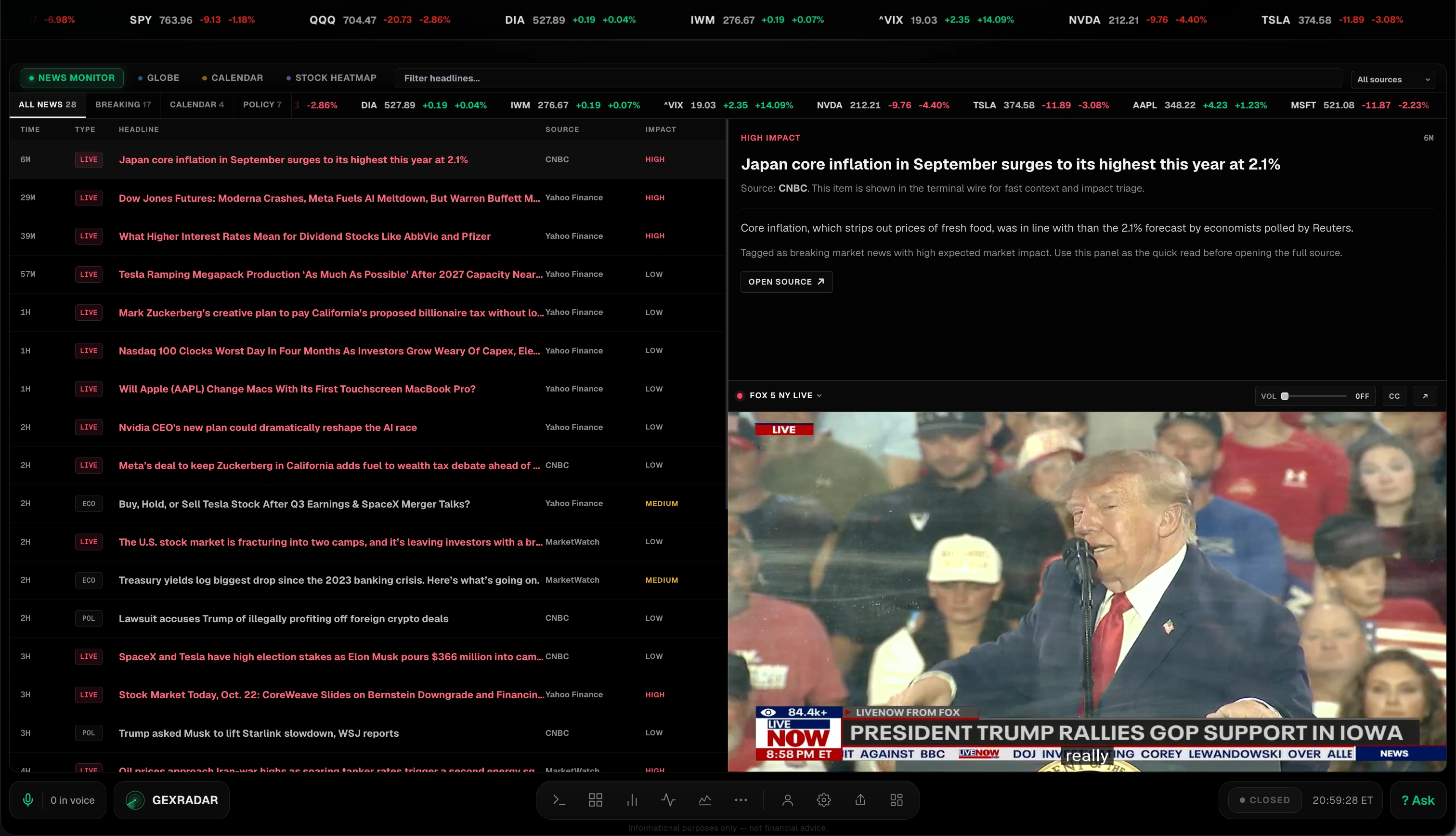 News monitor with live headlines ranked by impact, a story summary and a live news stream